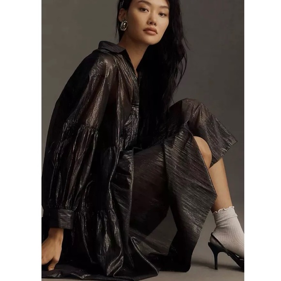 NWT Pilcro Long-Sleeve V-Neck Metallic High-Low Dress (Black) - Picture 2 of 4